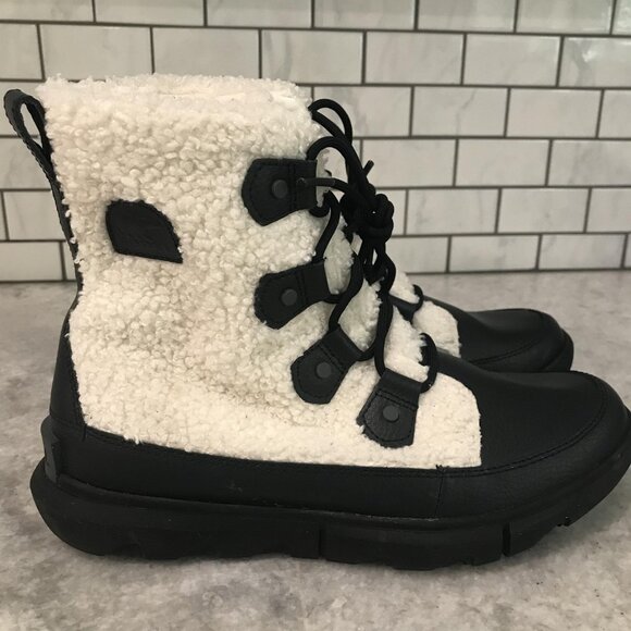 Sorel Boots Womens Size 9 Black White Sherpa Lace Up Snow Explorer II Joan Cozy - Picture 1 of 9